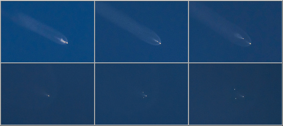 Upper row, booster separation. Lower row, fairing separation.